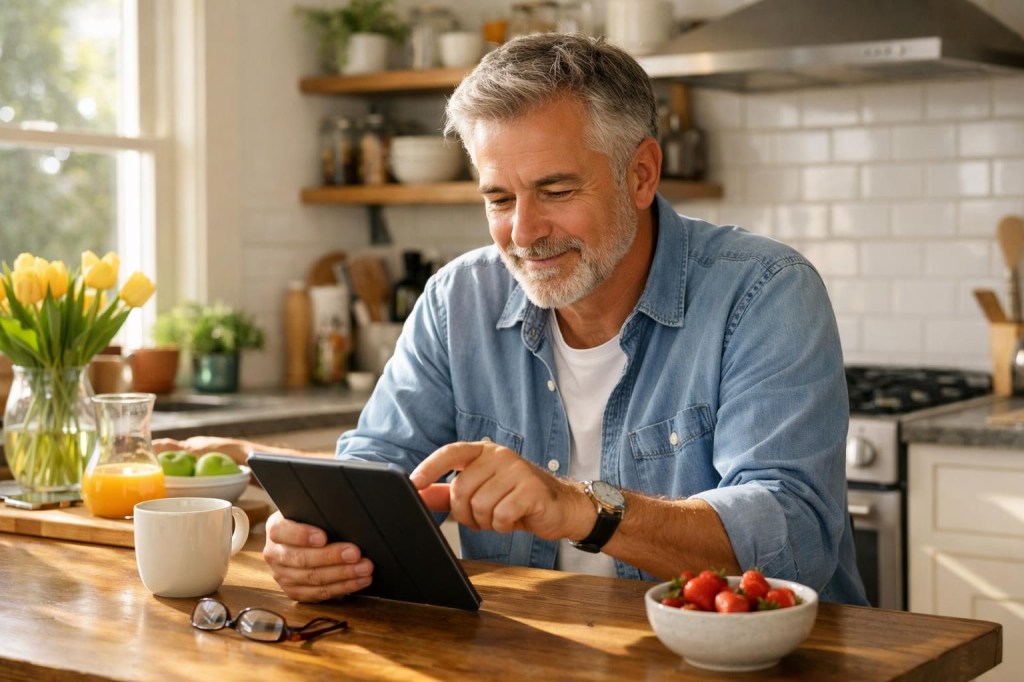 Middle-aged man using tablet at kitchen table with breakfast items