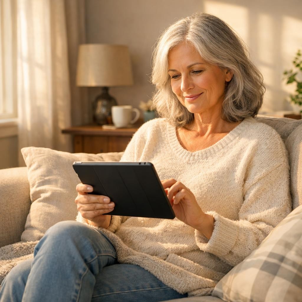 Woman sitting on couch using a tablet with a relaxed smile